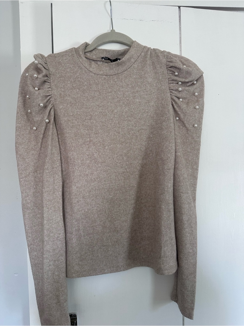 Zara Taupe Pearl-Embellished Puff Sleeve Sweater